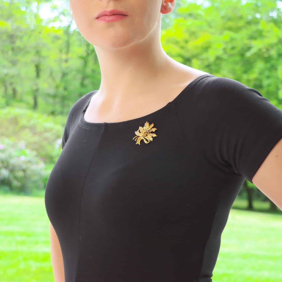 Vintage Tiffany & Co Holly Leaf Ruby Brooch in Yellow Gold