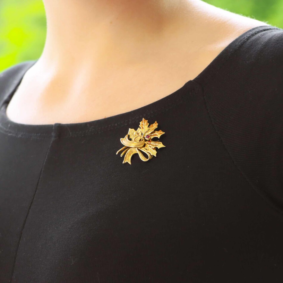 Vintage Tiffany & Co Holly Leaf Ruby Brooch in Yellow Gold