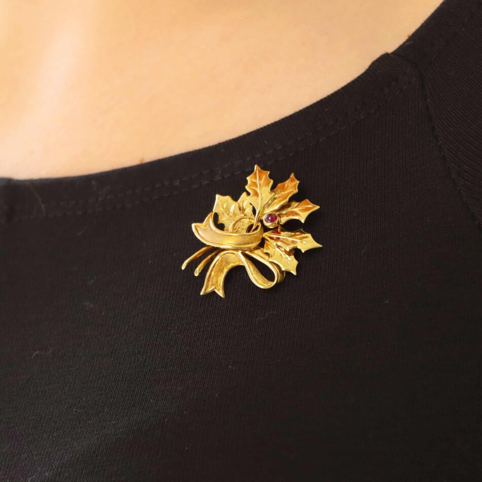 Vintage Tiffany & Co Holly Leaf Ruby Brooch in Yellow Gold