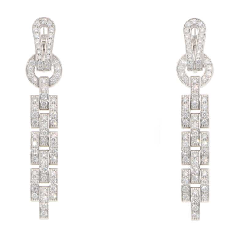 Vintage Cartier Diamond Agrafe Drop Earrings in White Gold