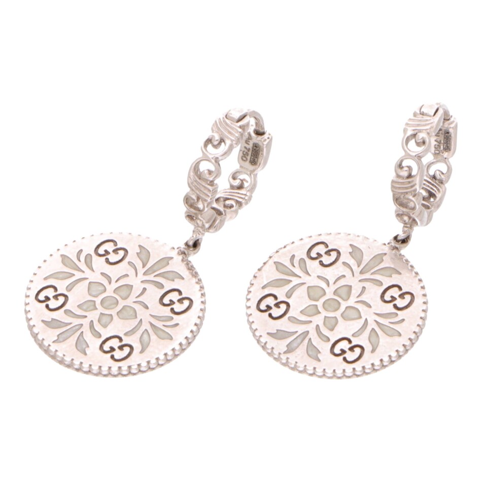 Vintage Gucci Icon Bloom Enamel Drop Earrings in White Gold