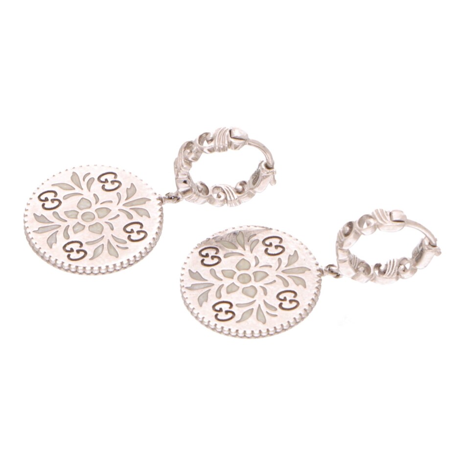 Vintage Gucci Icon Bloom Enamel Drop Earrings in White Gold