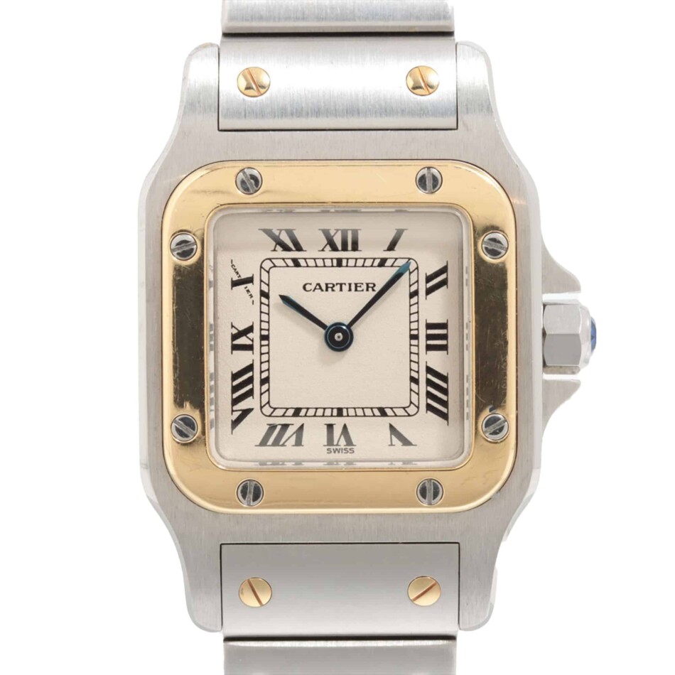 Cartier Santos steel and gold wrist watch with quartz movement.