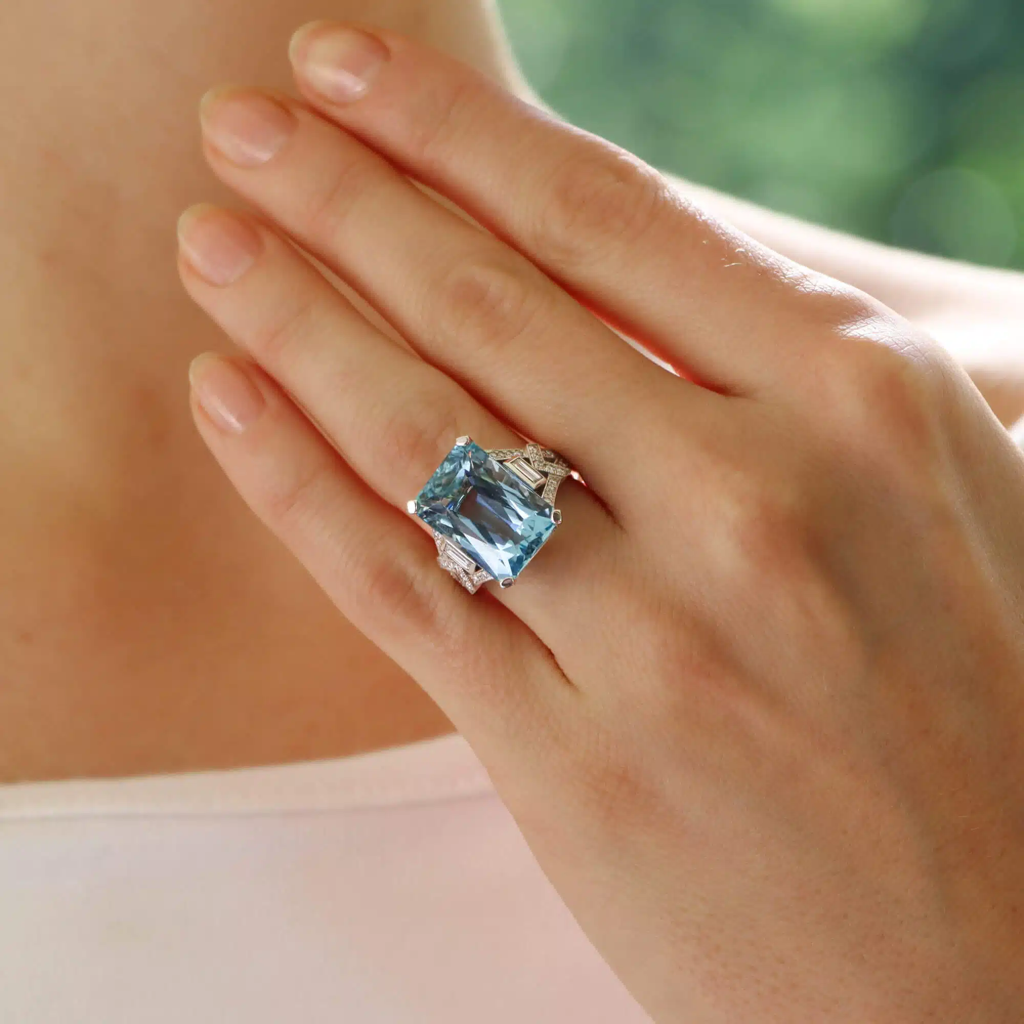 Art Deco Inspiried Aquamarine and Diamond Ring