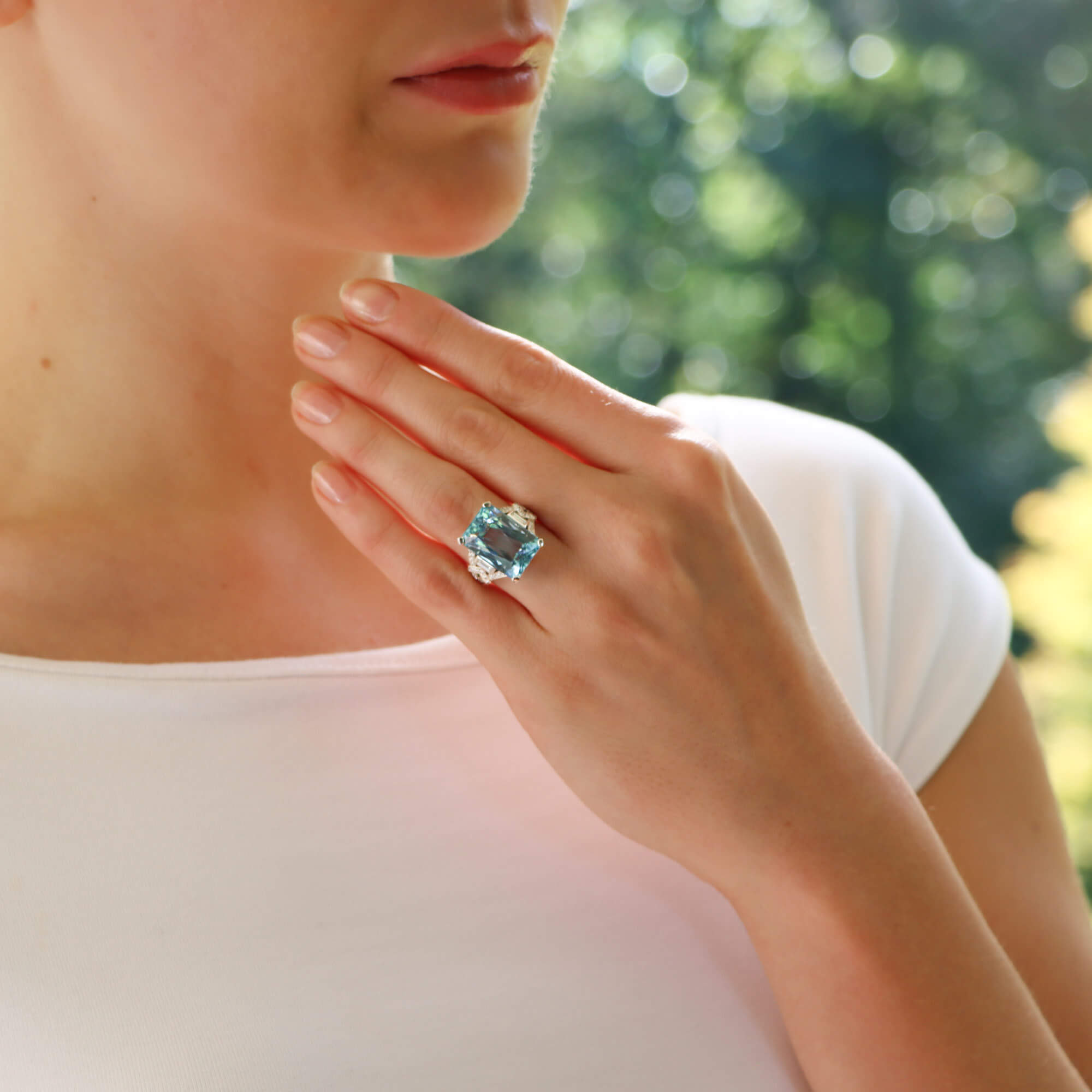 Art Deco Inspiried Aquamarine and Diamond Ring