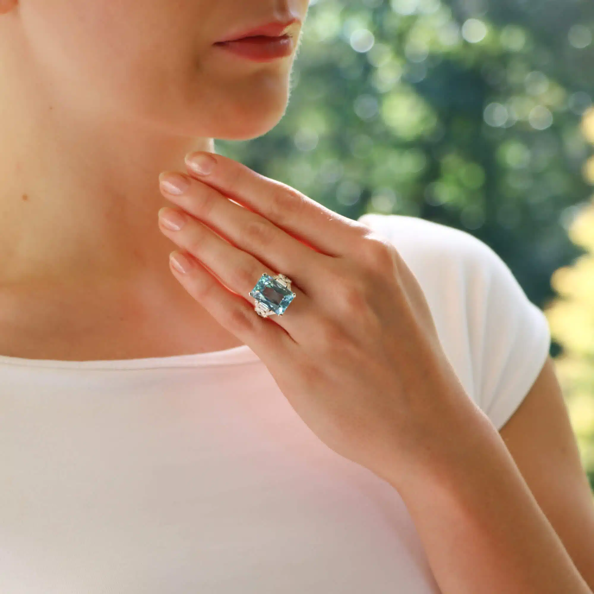Art Deco Inspiried Aquamarine and Diamond Ring
