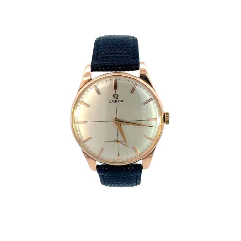 Vintage 1954 Omega Jumbo rose gold manual wind wristwatch.