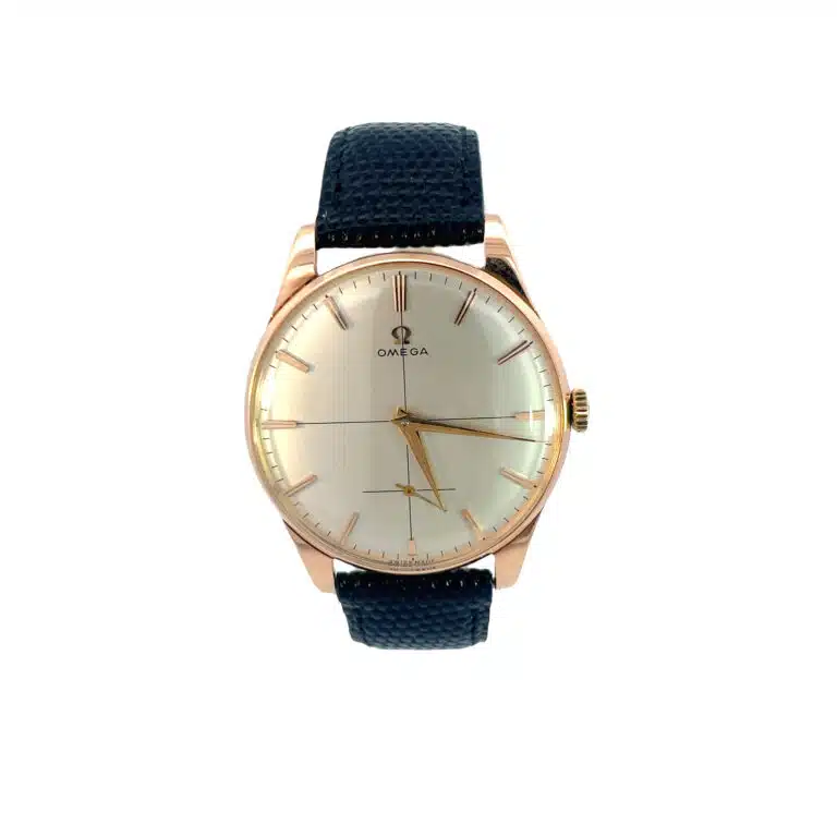 Vintage 1954 Omega Jumbo rose gold manual wind wristwatch.