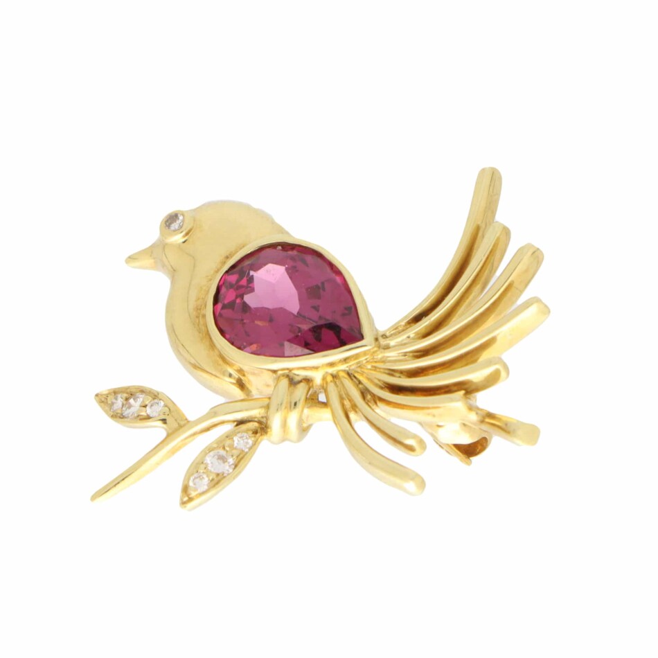 Vintage 1980's Tiffany Tourmaline Bird Brooch in 18k Yellow Gold