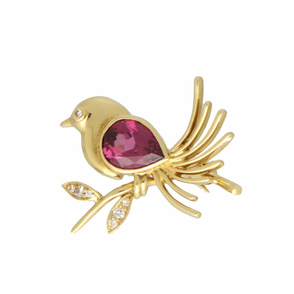 Vintage 1980's Tiffany Tourmaline Bird Brooch in 18k Yellow Gold