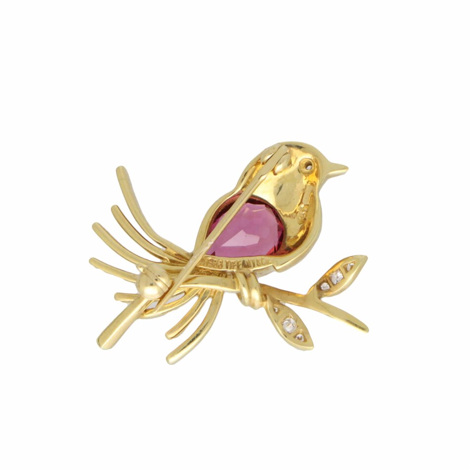 Vintage 1980's Tiffany Tourmaline Bird Brooch in 18k Yellow Gold