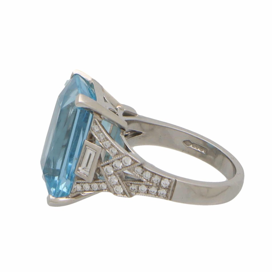 Art Deco Inspiried Aquamarine and Diamond Ring