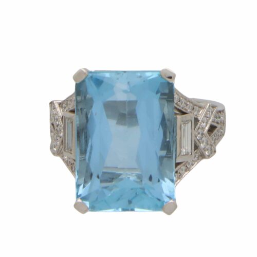 Art Deco Inspiried Aquamarine and Diamond Ring