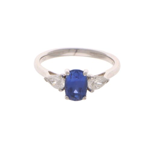 Vintage Sapphire and Diamond Three Stone set ring in White Gold