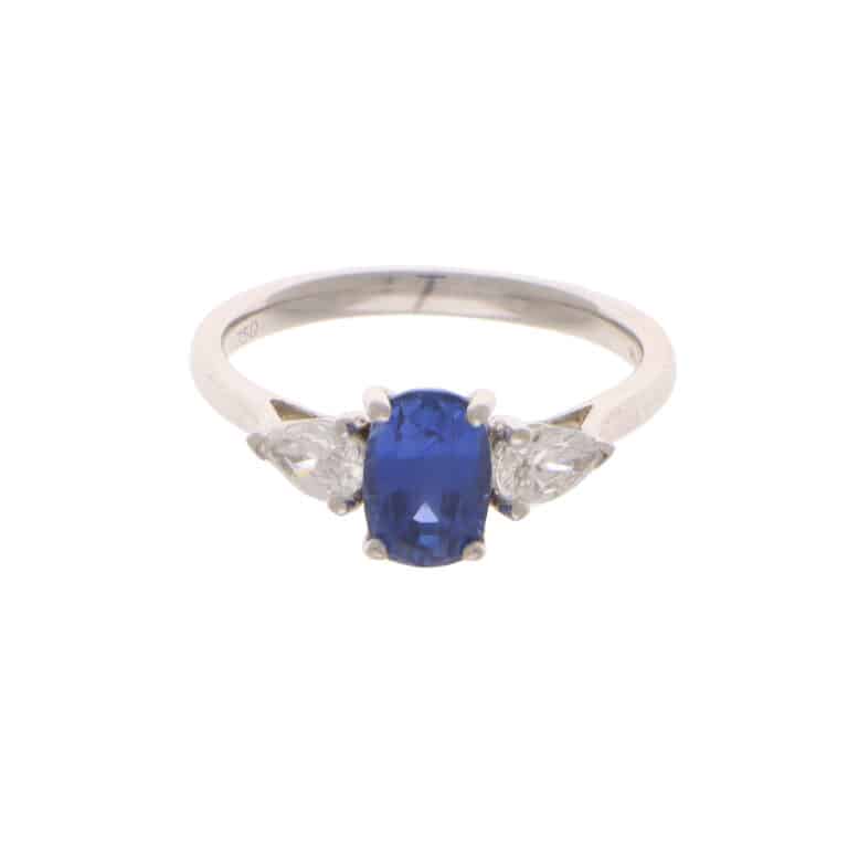 Vintage Sapphire and Diamond Three Stone set ring in White Gold