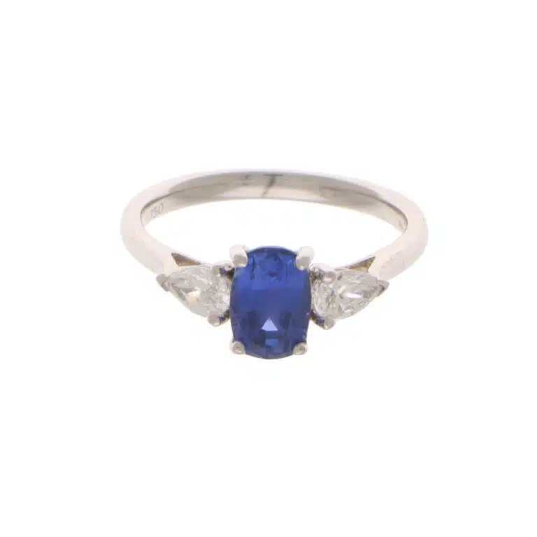 Vintage Sapphire and Diamond Three Stone set ring in White Gold