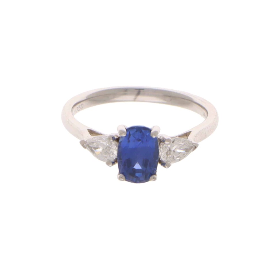 Vintage Sapphire and Diamond Three Stone set ring in White Gold