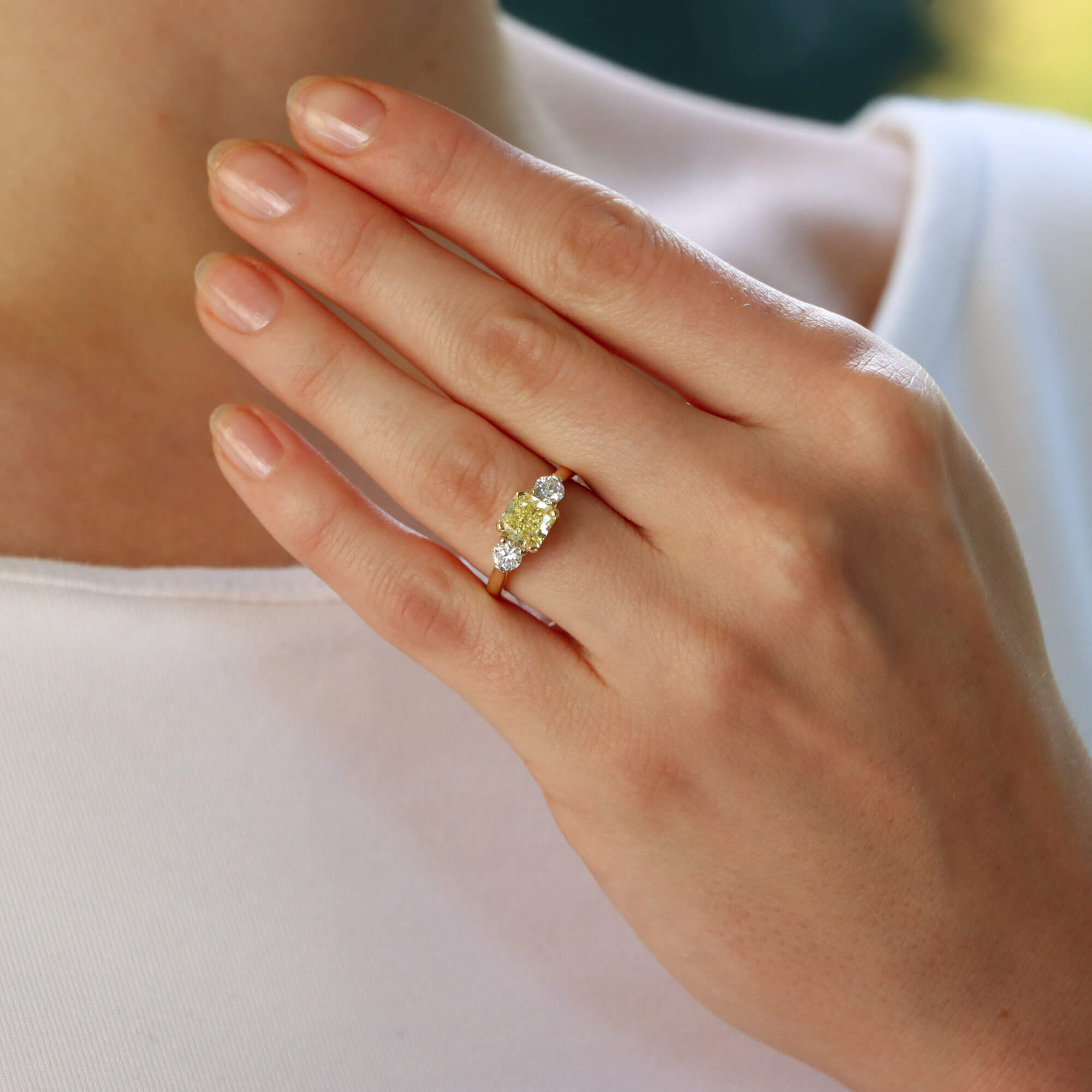 GIA Certified 1.53ct Fancy Yellow Diamond Three Stone Ring