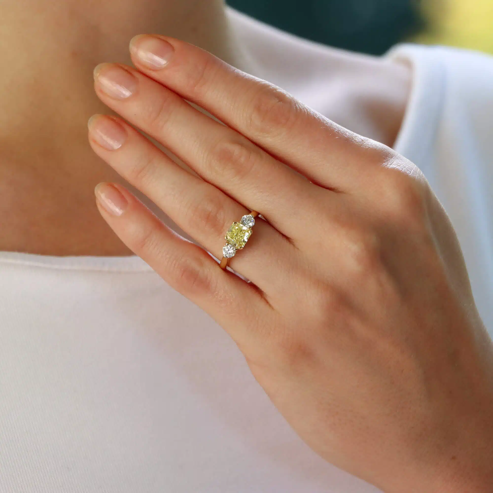 GIA Certified 1.53ct Fancy Yellow Diamond Three Stone Ring