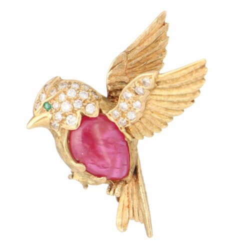 Vintage Boodles Ruby and Diamond Kookaburra Brooch Yellow Gold