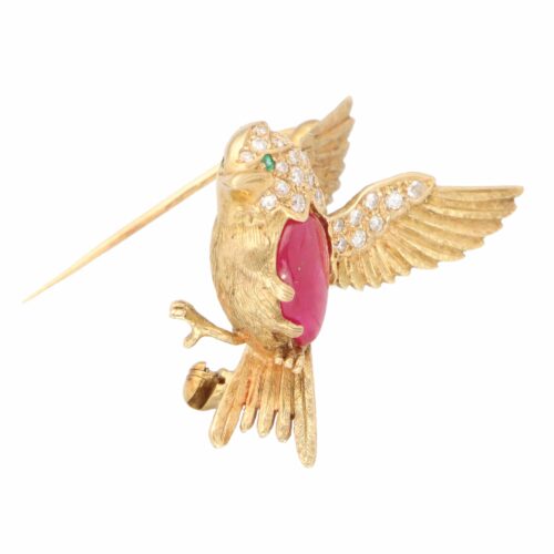 Vintage Boodles Ruby and Diamond Kookaburra Brooch Yellow Gold