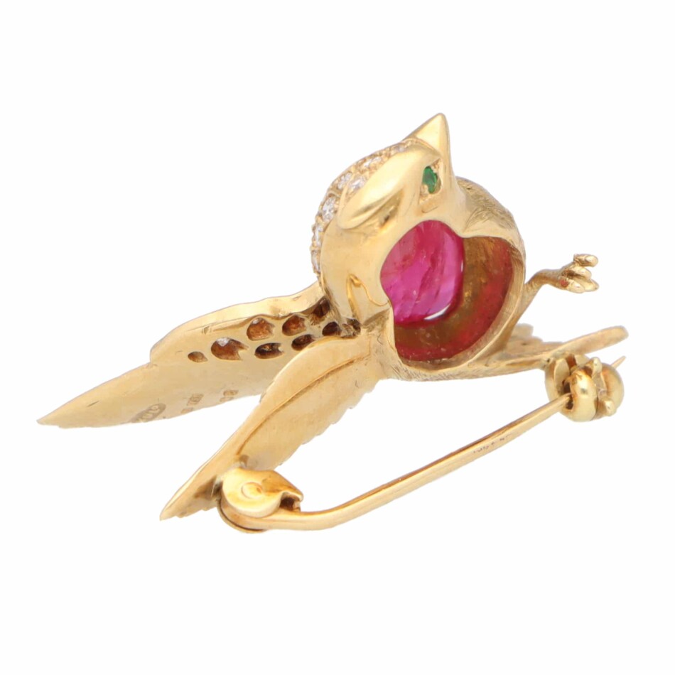 Vintage Boodles Ruby and Diamond Kookaburra Brooch Yellow Gold