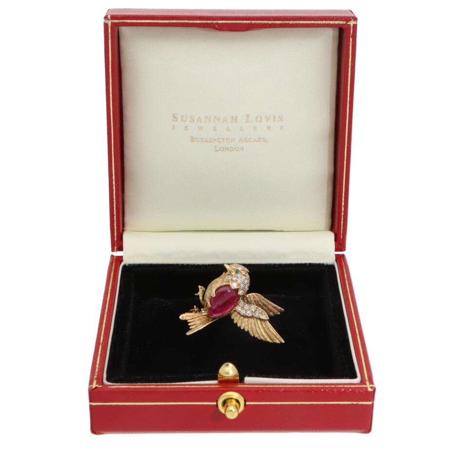 Vintage Boodles Ruby and Diamond Kookaburra Brooch Yellow Gold