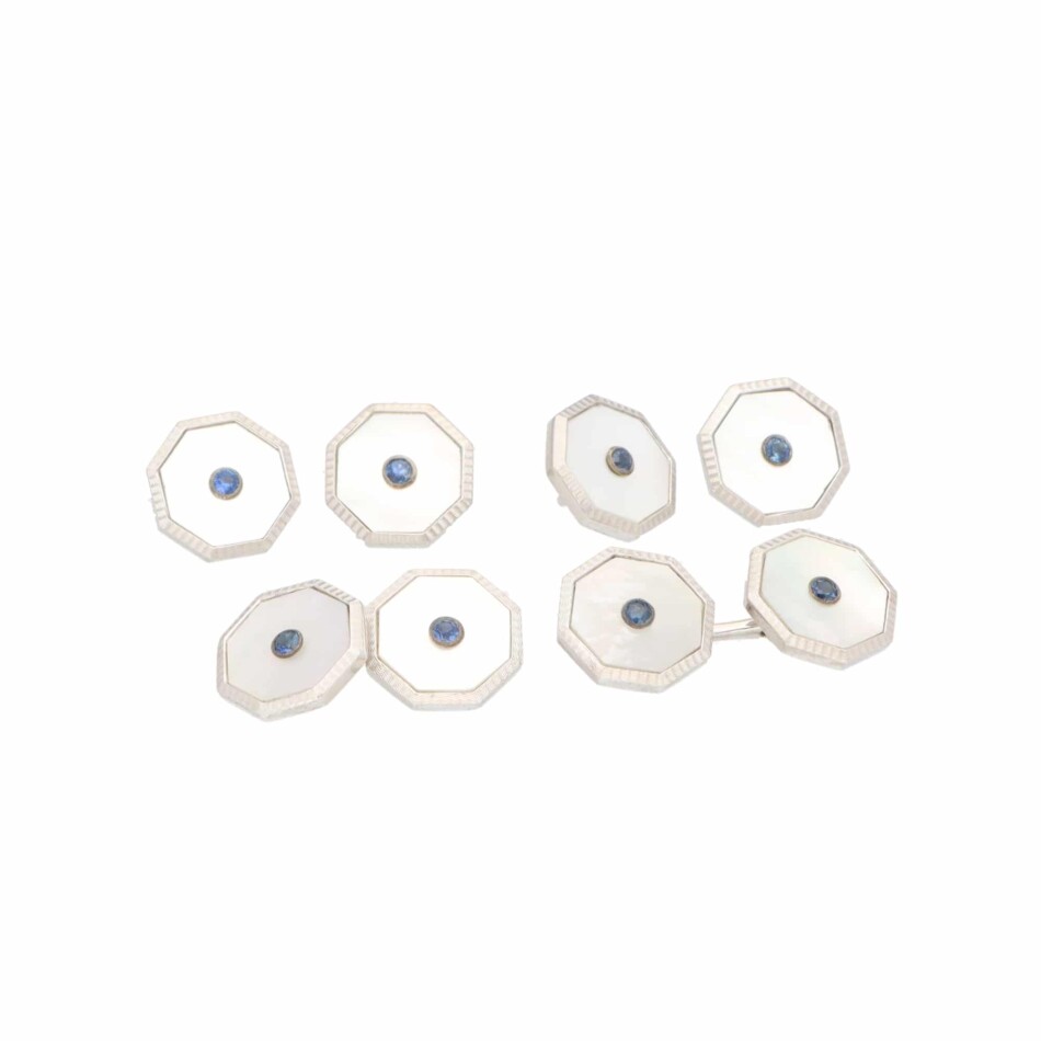 Vintage Mother of Pearl and Sapphire Cufflink and Stud Set