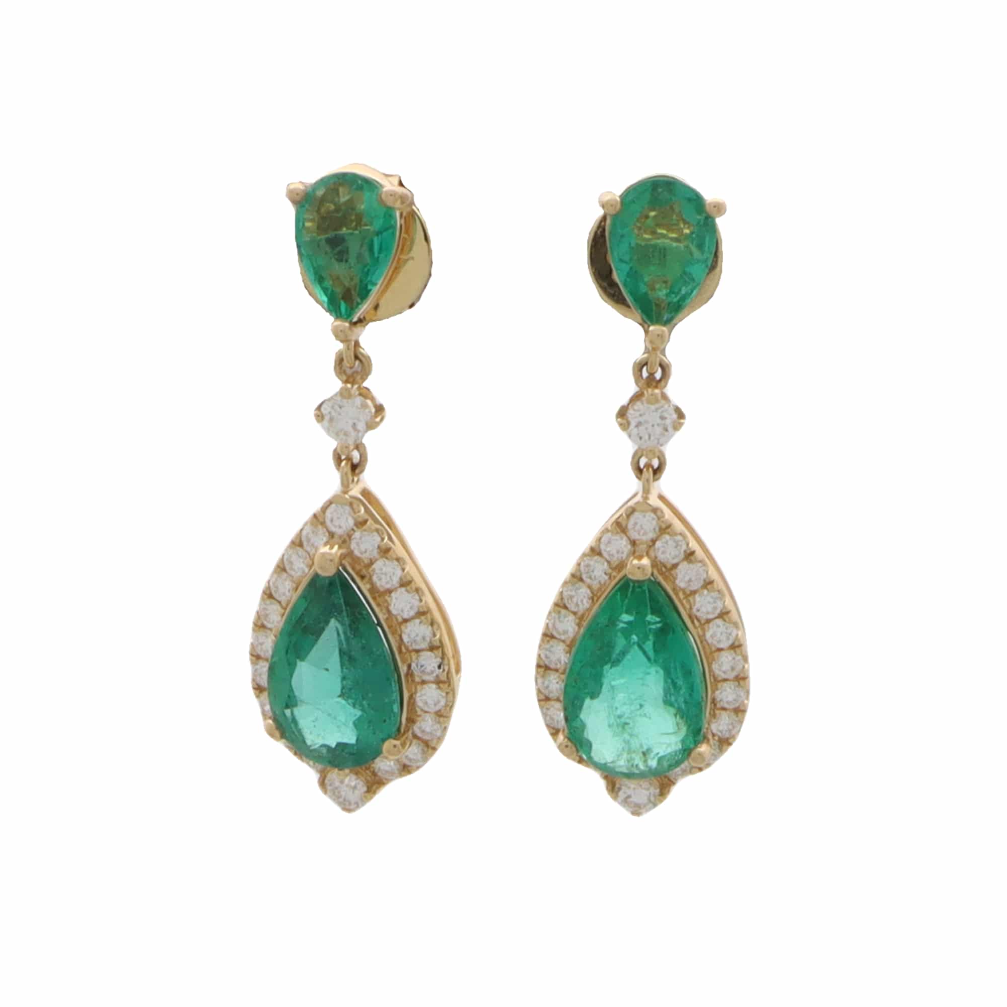 Contemporary Emerald and Diamond Drop Earrings in Yellow Gold