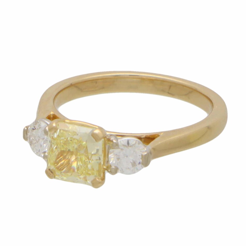 GIA Certified 1.53ct Fancy Yellow Diamond Three Stone Ring