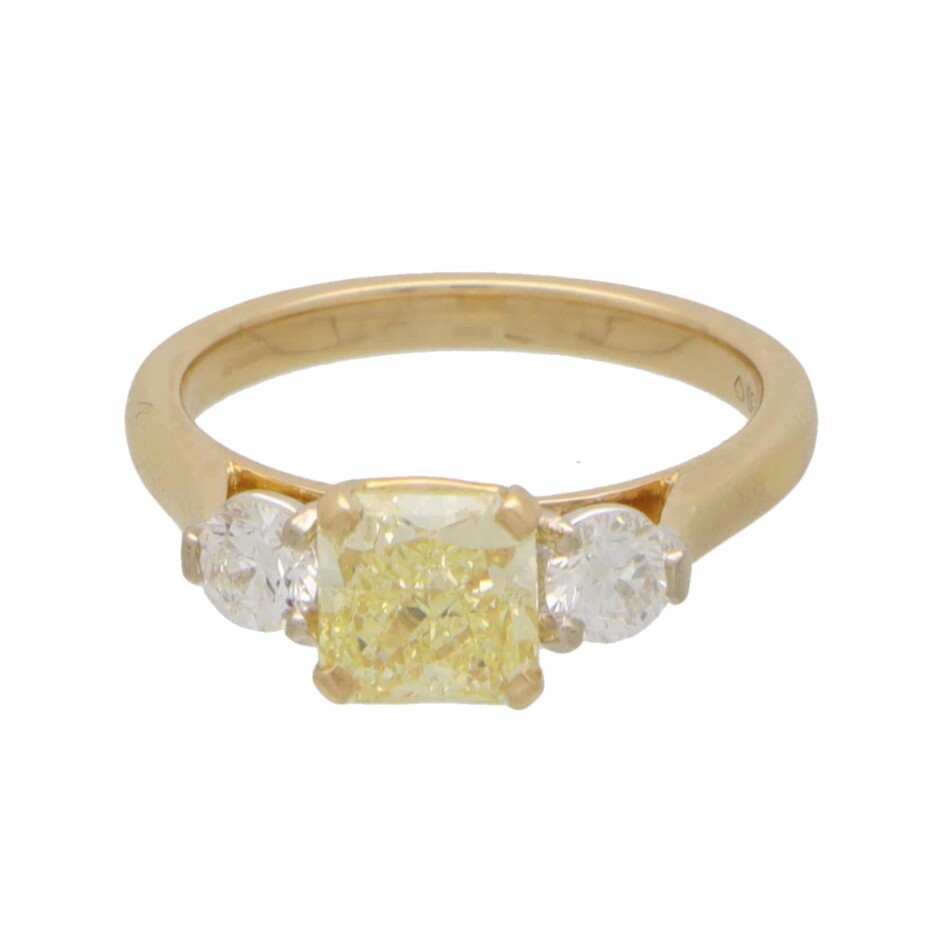 GIA Certified 1.53ct Fancy Yellow Diamond Three Stone Ring