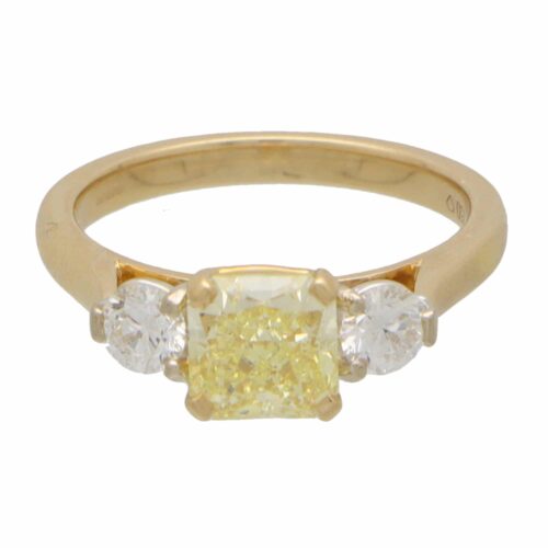 GIA Certified 1.53ct Fancy Yellow Diamond Three Stone Ring