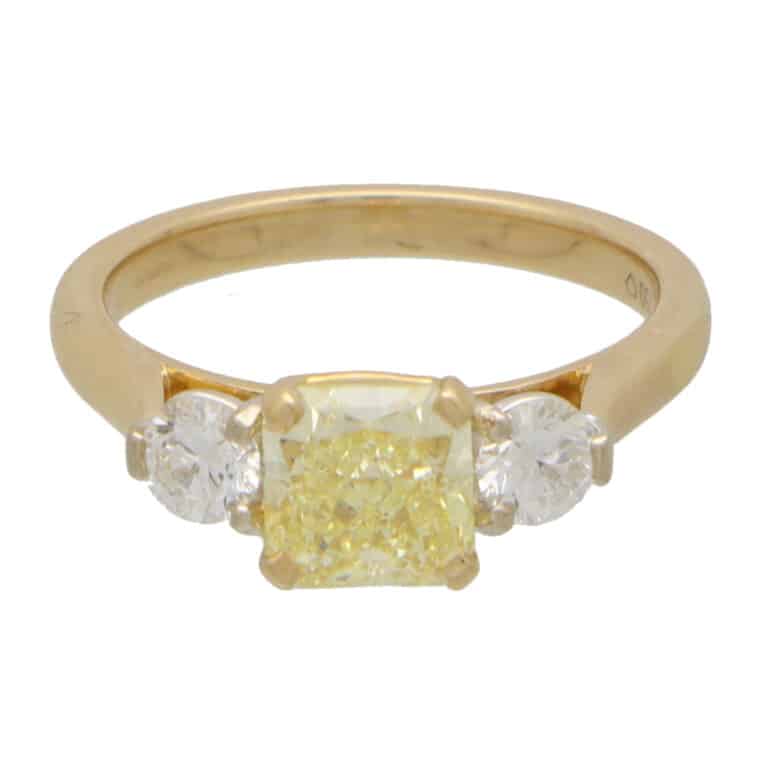 GIA Certified 1.53ct Fancy Yellow Diamond Three Stone Ring