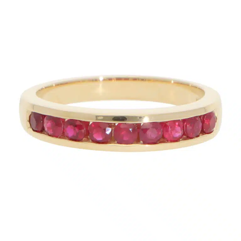 Contemporary Half Eternity Ruby Channel Ring in Yellow Gold