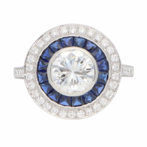 Contemporary Diamond and Sapphire Double Target Ring in Platinum