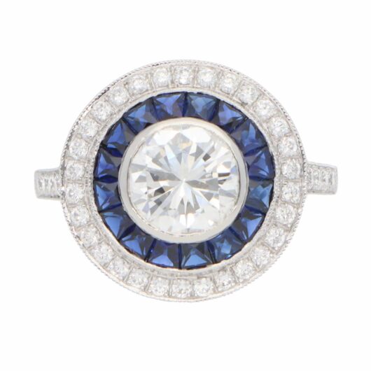 Contemporary Diamond and Sapphire Double Target Ring in Platinum