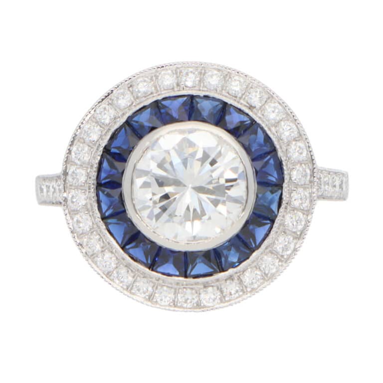 Contemporary Diamond and Sapphire Double Target Ring in Platinum