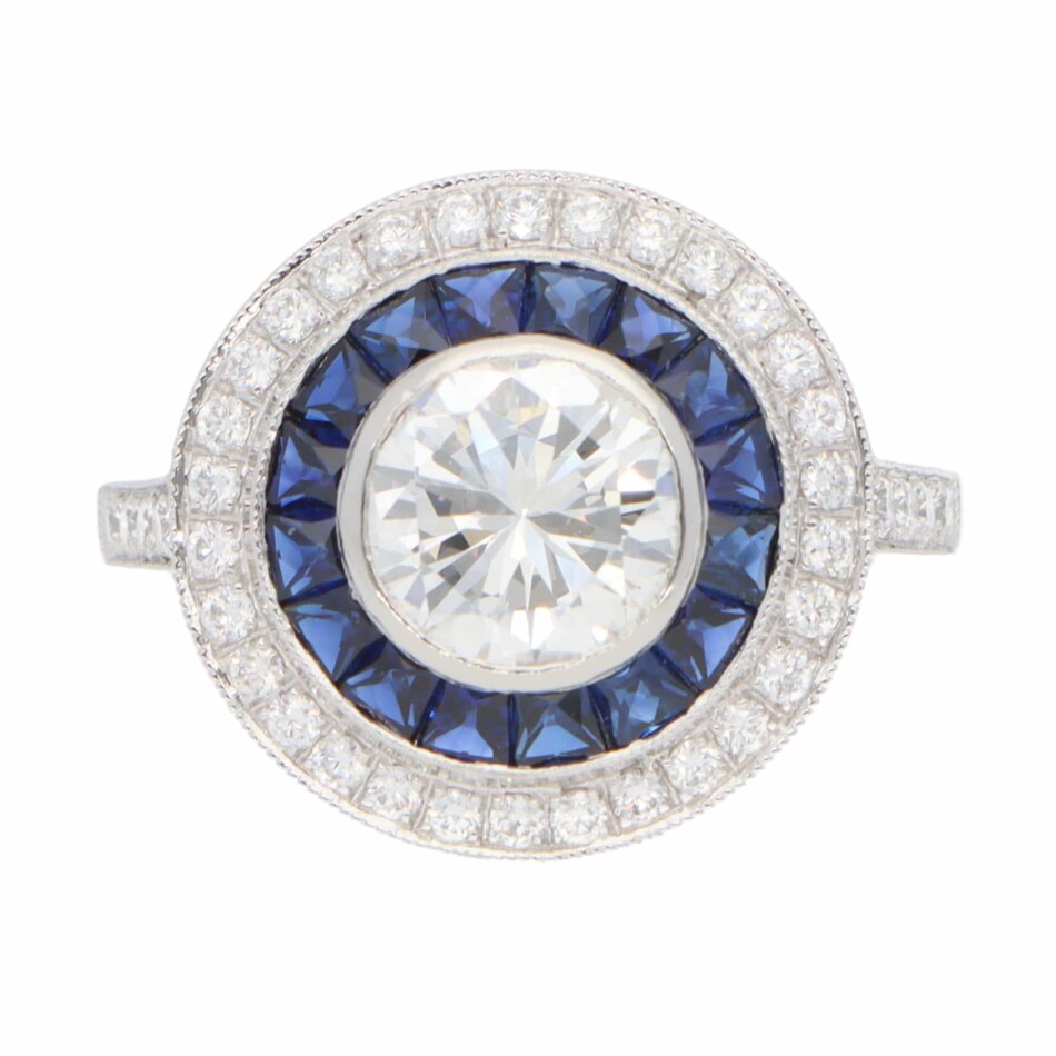 Contemporary Diamond and Sapphire Double Target Ring in Platinum