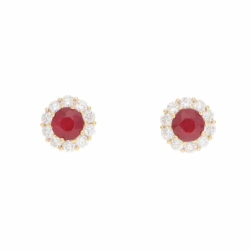 Contemporary Ruby and Diamond Cluster Earrings in Yellow Gold