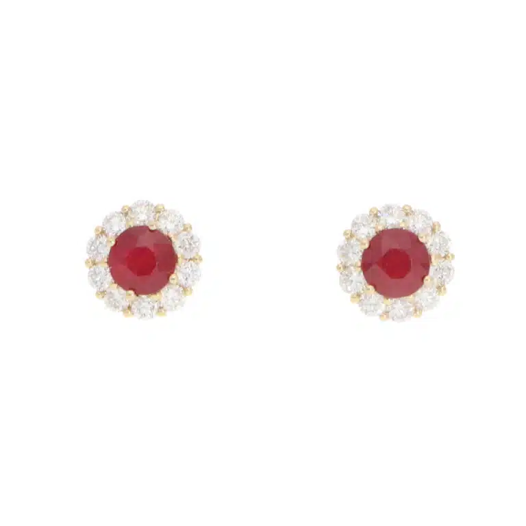 Contemporary Ruby and Diamond Cluster Earrings in Yellow Gold