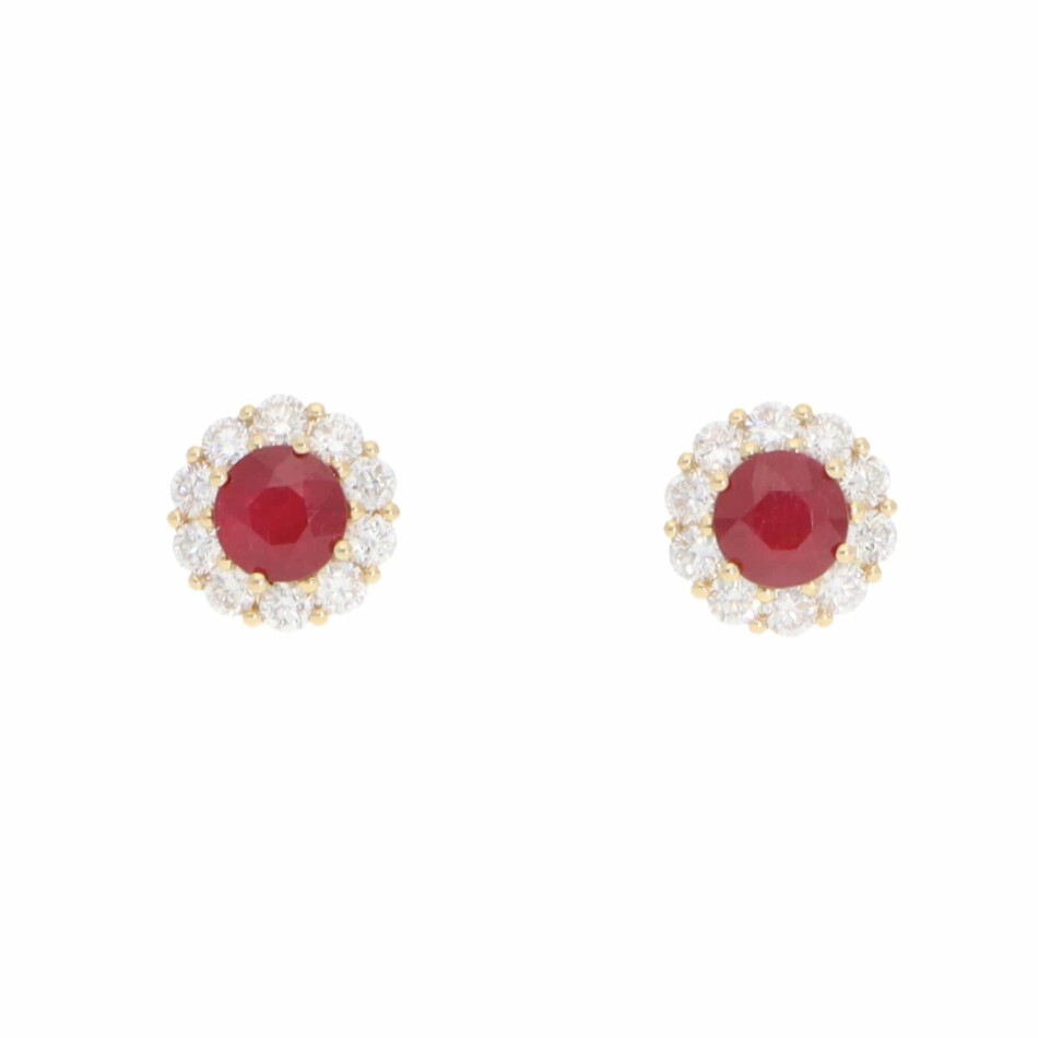 Contemporary Ruby and Diamond Cluster Earrings in Yellow Gold