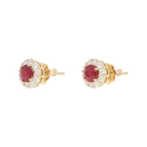 Contemporary Ruby and Diamond Cluster Earrings in Yellow Gold