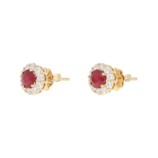 Contemporary Ruby and Diamond Cluster Earrings in Yellow Gold