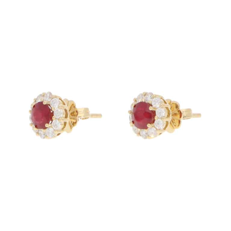 Contemporary Ruby and Diamond Cluster Earrings in Yellow Gold