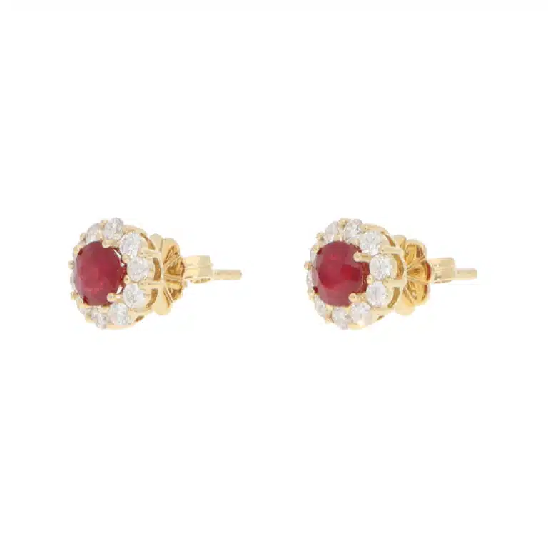 Contemporary Ruby and Diamond Cluster Earrings in Yellow Gold