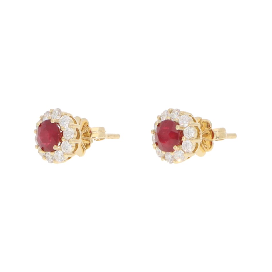 Contemporary Ruby and Diamond Cluster Earrings in Yellow Gold