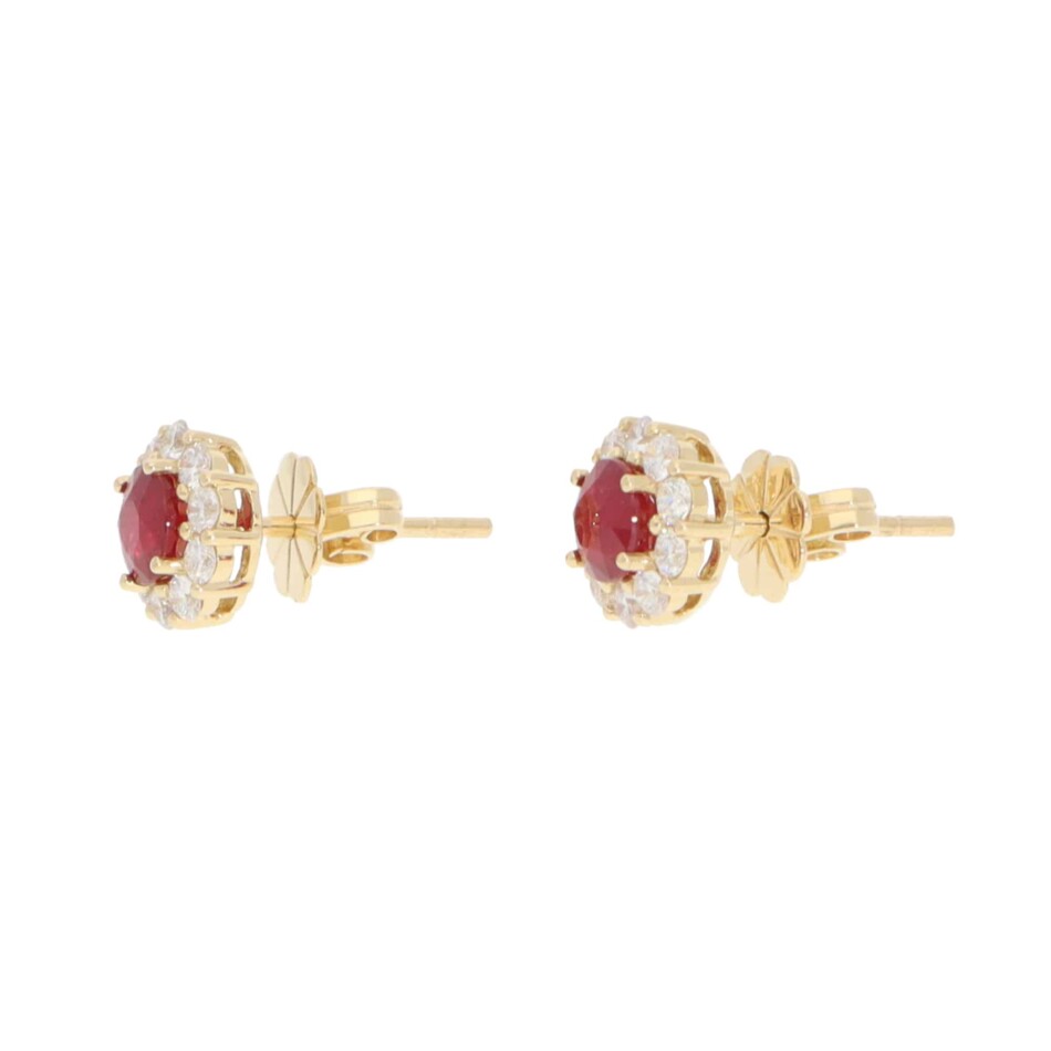Contemporary Ruby and Diamond Cluster Earrings in Yellow Gold
