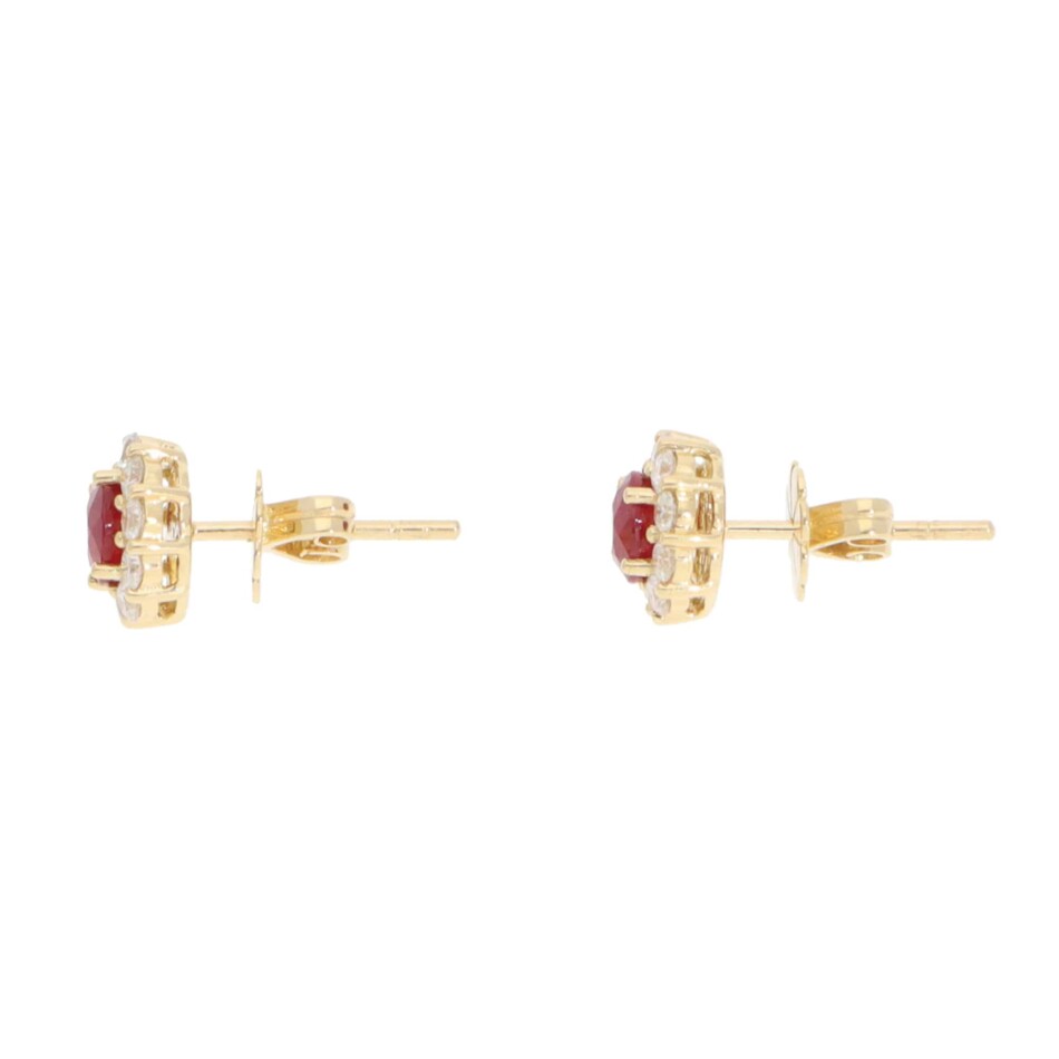 Contemporary Ruby and Diamond Cluster Earrings in Yellow Gold