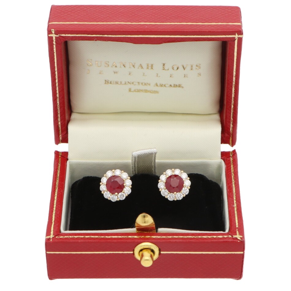 Contemporary Ruby and Diamond Cluster Earrings in Yellow Gold