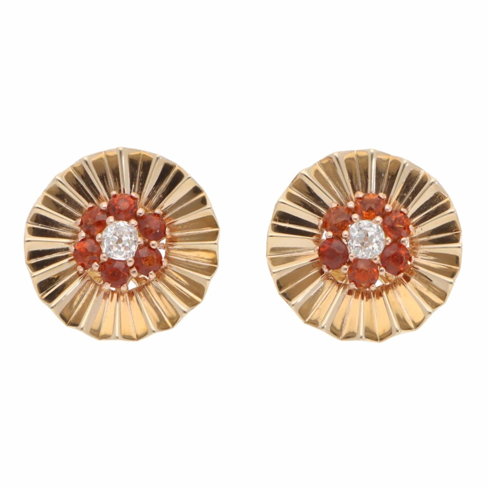 Vintage Hessonite Garnet and Diamond Floral Clip Earrings